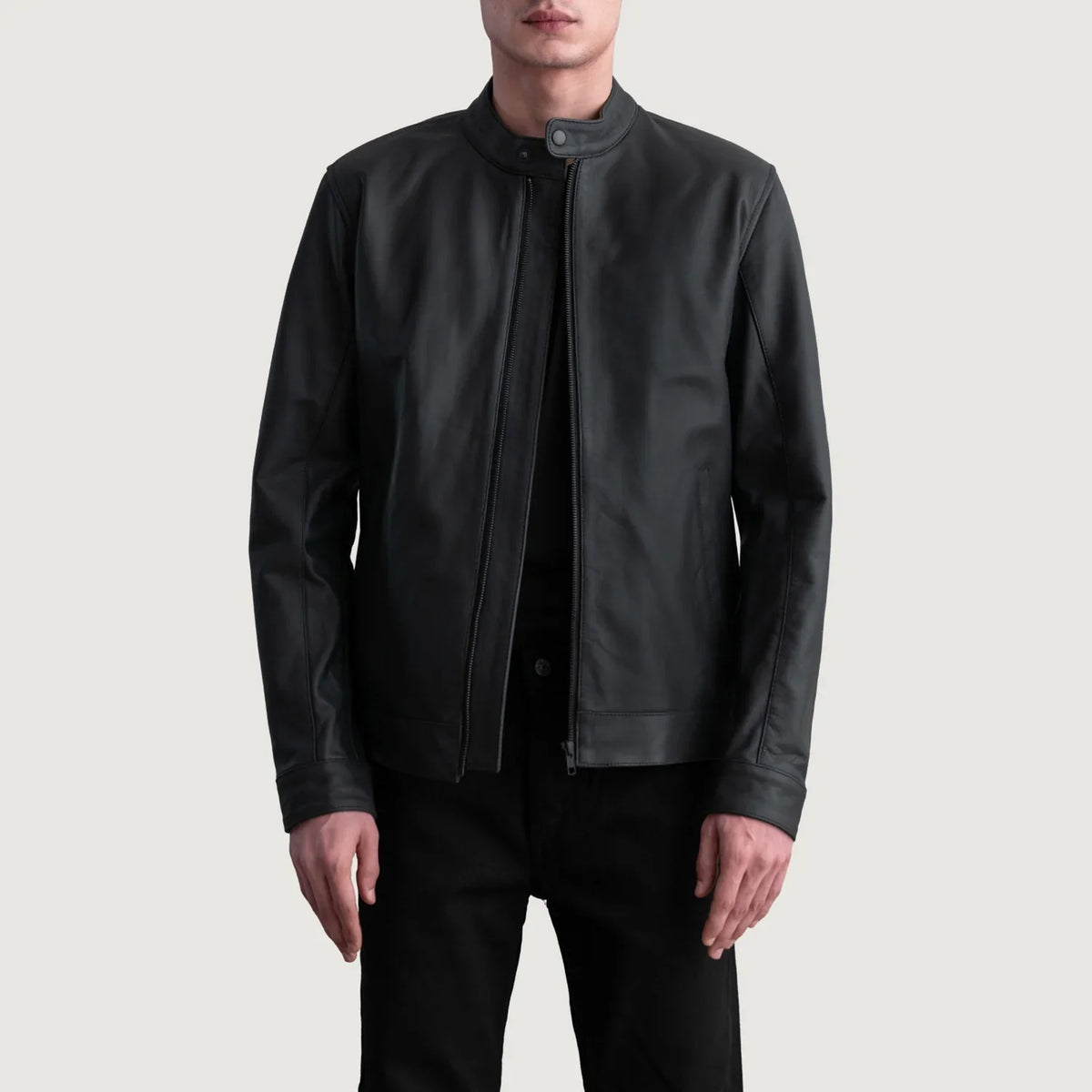 Zen Matte Czarna Skórzana Ramoneska Męska in Matte Black Cowhide Leather - Front Profile View &amp; Tailored Silhouette | Buy Online