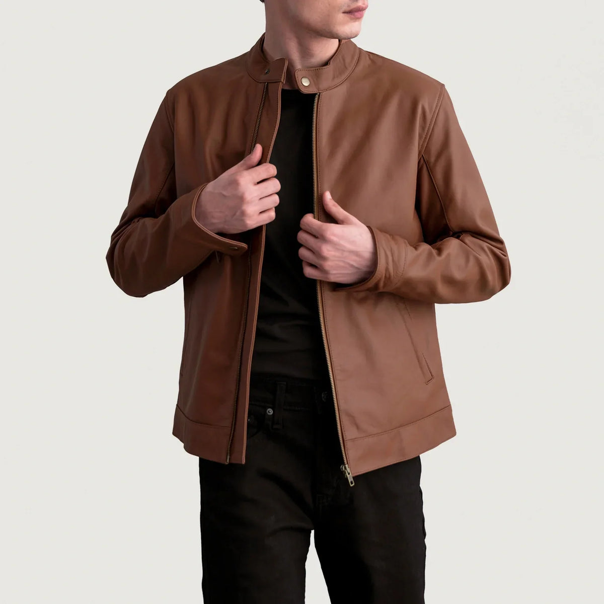 Zen Matte Brązowa Skórzana Ramoneska Męska in Matte Brown Cowhide Leather - Front Profile View &amp; Tailored Silhouette | Buy Online