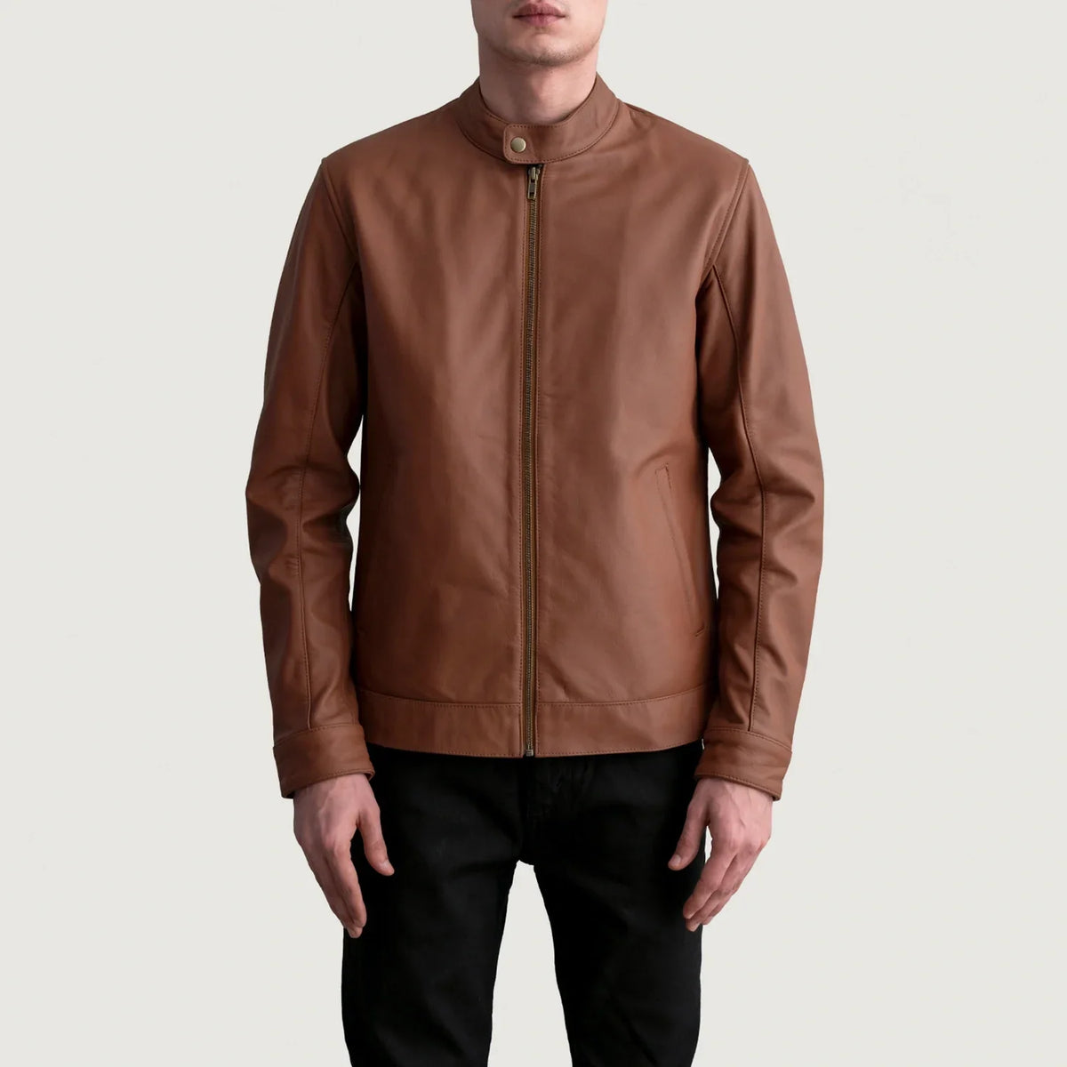 Zen Matte Brązowa Skórzana Ramoneska Męska - Lateral Side Profile View Showing Sleeve Cut &amp; Athletic Taper Fit