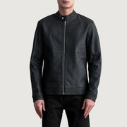Zen Tumbled Czarna Skórzana Ramoneska Męska in Tumbled Black Sheepskin Leather - Front Profile View &amp; Tailored Silhouette | Buy Online