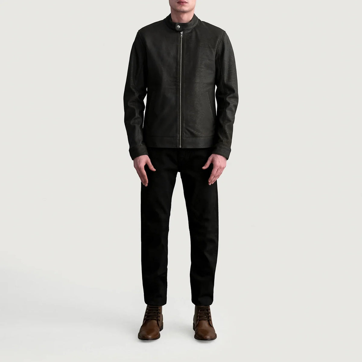 
Szczegółowe zbliżenie of Snap Button & Zipper Hardware on Zen Tumbled Brązowy Skórzana Ramoneska Męska