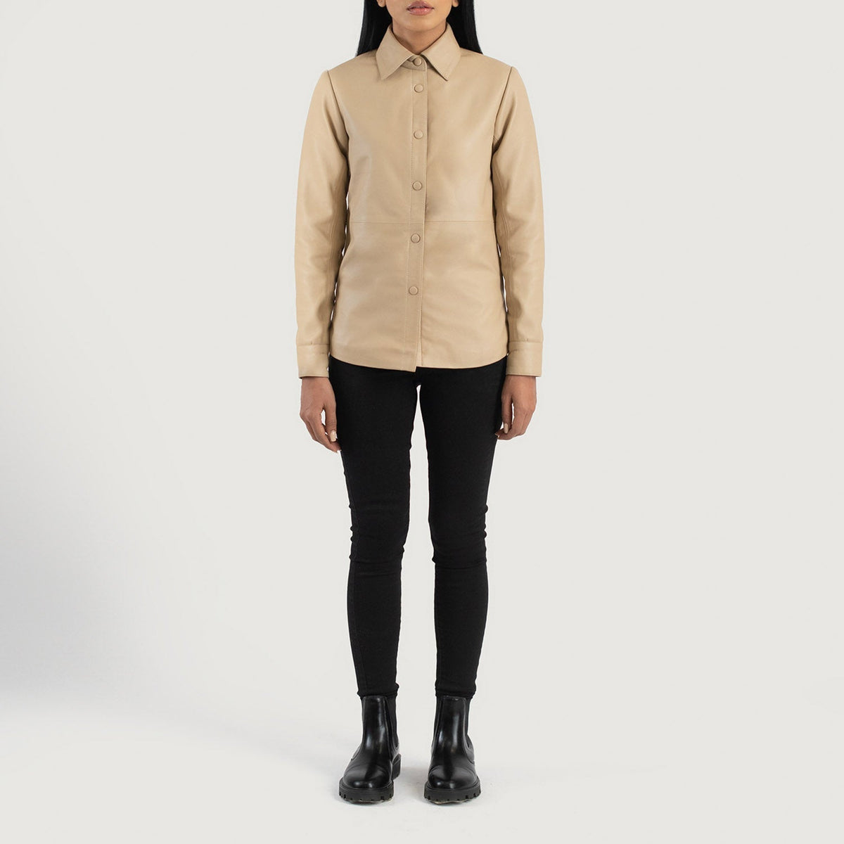 
Zenith Beige Leather Shirt Jacket - Widok z boku z ergonomicznym krojem rękawa
