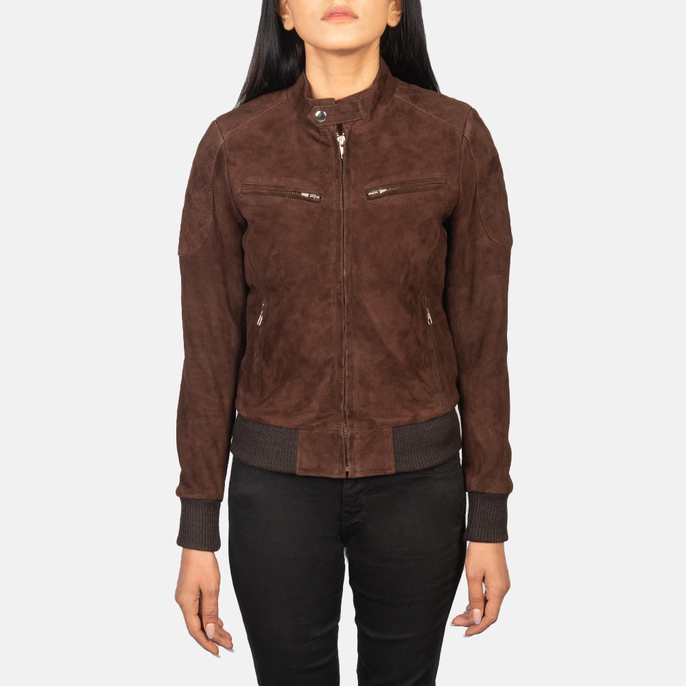 
Szczegółowe zbliżenie of Band with Snap Button & Zipper Hardware on Zenna Mocha Suede Bomber Jacket